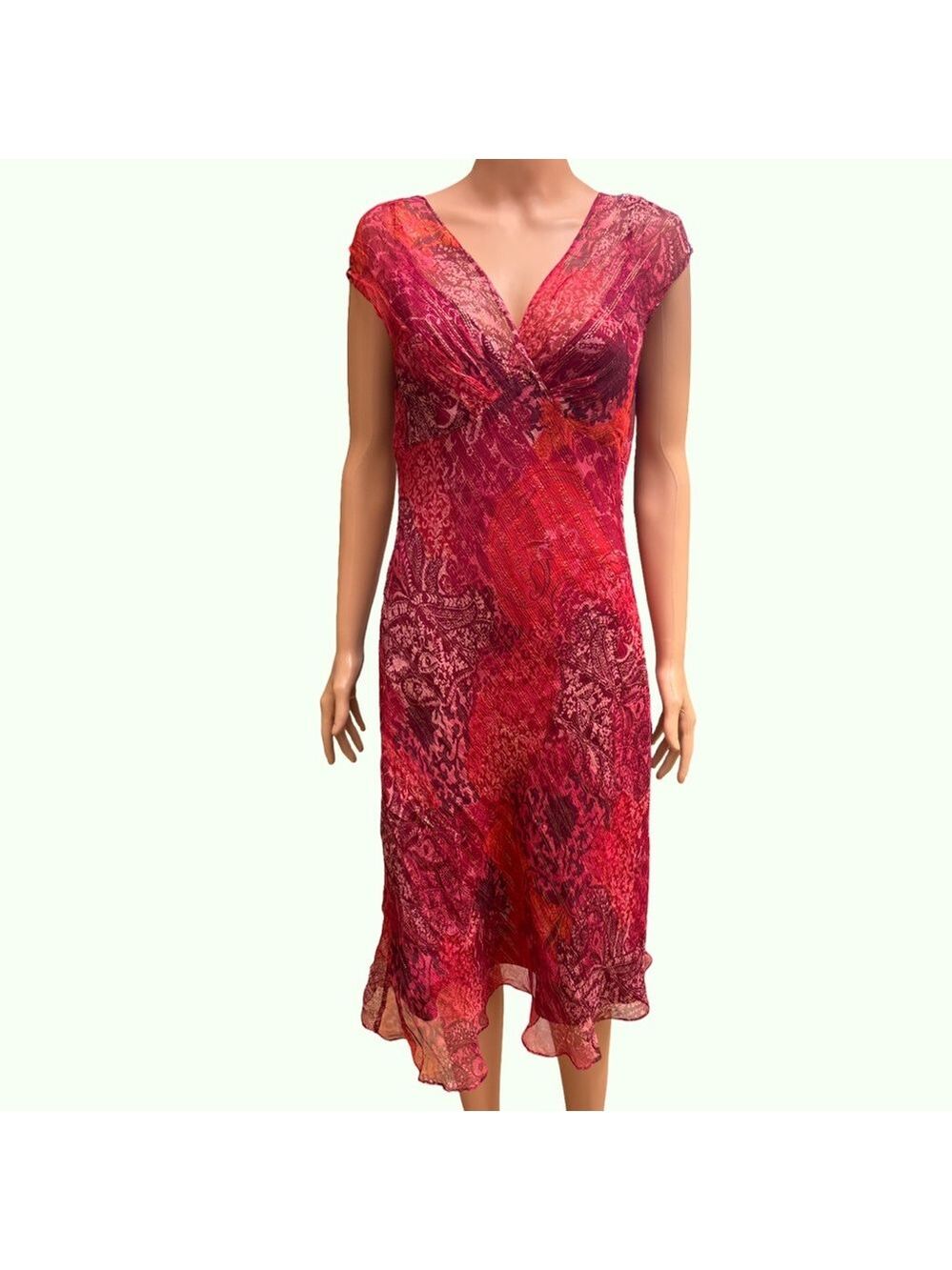 Muse Red V-Neck Silk Sheath Midi Dress Size 10